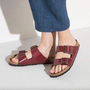 Birkenstock Red Metallic Arizona Birko-Flor Sandals Double Strap Slide, Sz 39/8
